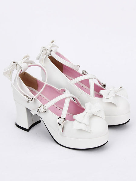 Sweet Lolita Shoes Bow Strappy Round Toe Platform White Lolita Heels