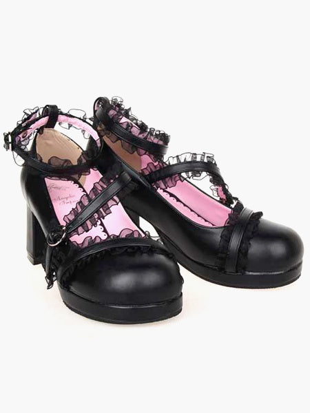 Matte Black Lolita Chunky Heels Shoes Lace Trim Ankle Straps Buckles