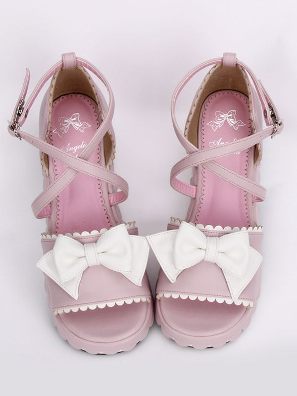 Pink Lolita Platform Sandals White Bows Ankle Straps Heart Shape Buckle
