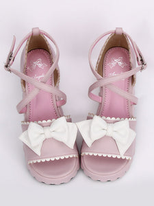 Pink Lolita Platform Sandals White Bows Ankle Straps Heart Shape Buckle