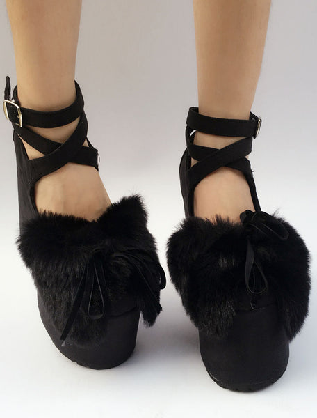 Suede Lolita Shoes Black Platform Chunky Heel Faux Fur Bow Cross Front Ankle Strap Lolita Pumps