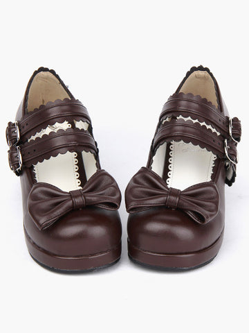Coffee Brown Lolita Chunky Heels Shoes Square Heels Ankle Straps Buckles Bow Decor