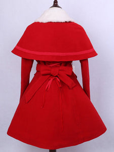 Classic Lolita Outfits Wool Long Sleeve Faux Fur Collar Ribbons Bows Red Dress Coat With Cape And Gloves