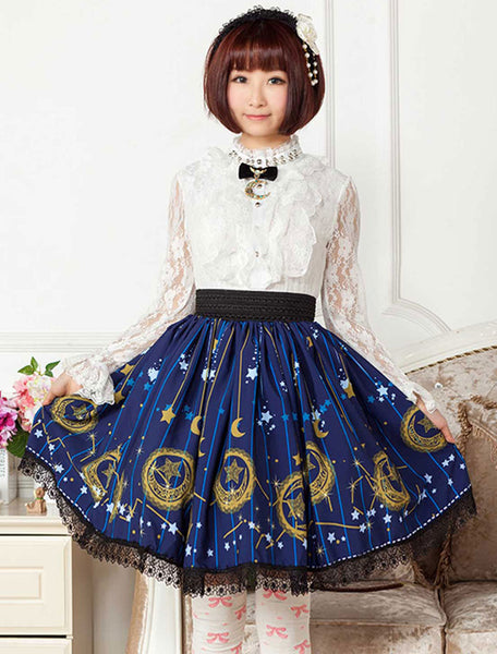 Deep Blue Star Printed Polyester short Lolita Skirt dress for Girls