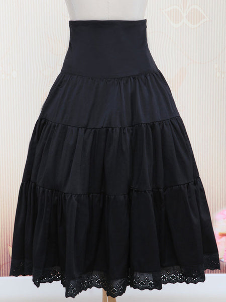 Pure Black Cotton Loltia Long Skirt High Waist Ruffles Trim