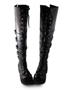 Matte Black Lolita Long Boots Square Heels