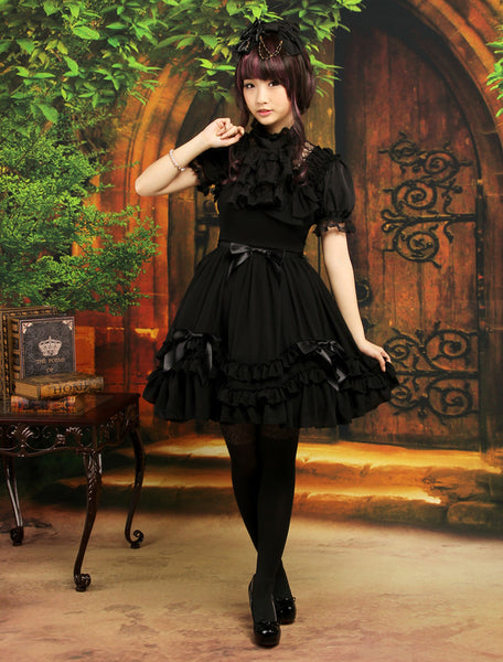 Sweet Black Straps Neck Bow Chiffon Cute Lolita Jumper Skirt