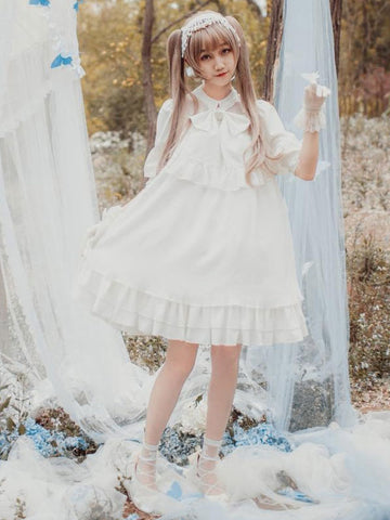 Sweet Lolita OP One Piece Dress Stand Collar Short Sleeve Chiffon Ruffles Frills White Lolita Dresses With Bows