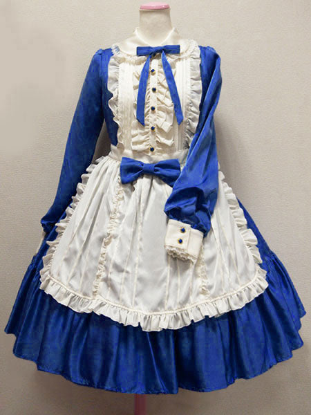 Sweet Lolita Dress OP Ocean Blue Turndown Collar Long Sleeve Lolita One Piece Dress 