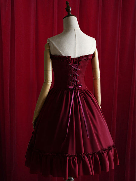 Burgundy Lolita Dress Bow Strapless Lace Up Cotton Dress