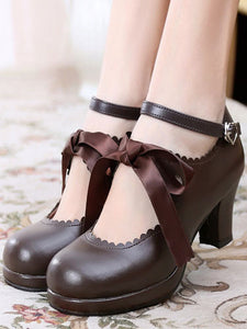 Classic Lolita Shoes Square Toe Platform Prism Heel Bows Deep Brown Lolita Shoes