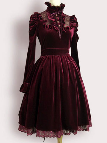 Burgundy Lolita Dress Ruffles Velvet Dress