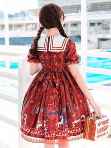 Sweet Lolita OP Dress Royal Trojan Bow Print Chiffon Burgundy Lolita One Piece Dress