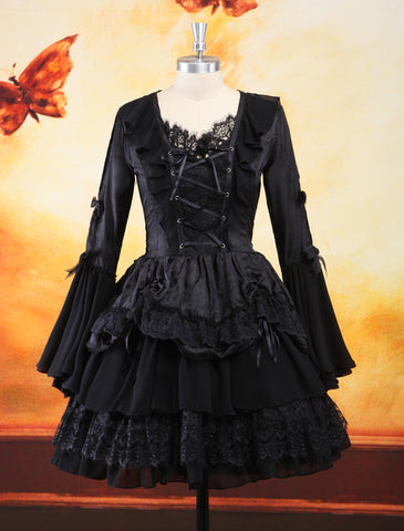 Gothic Black Lolita One Piece Dress Long Hime Sleeves Lace Up Layers Lace Trim
