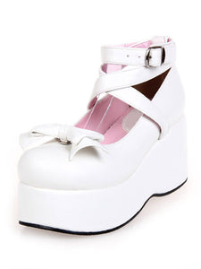 White High Platform Lolita Shoes PU Ankle Straps Bow Decor Round Toe