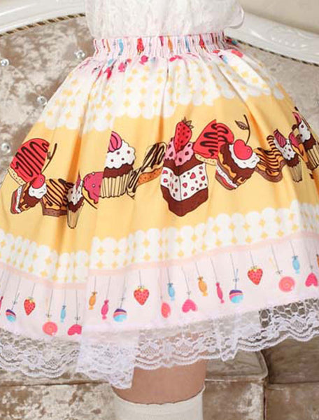 Sweet Yellow Pink Lolita Short Skirt Lace Trim Cake Biscuit Print