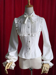 White Lolita Blouse Bow Ruched Cotton Blouse for Women
