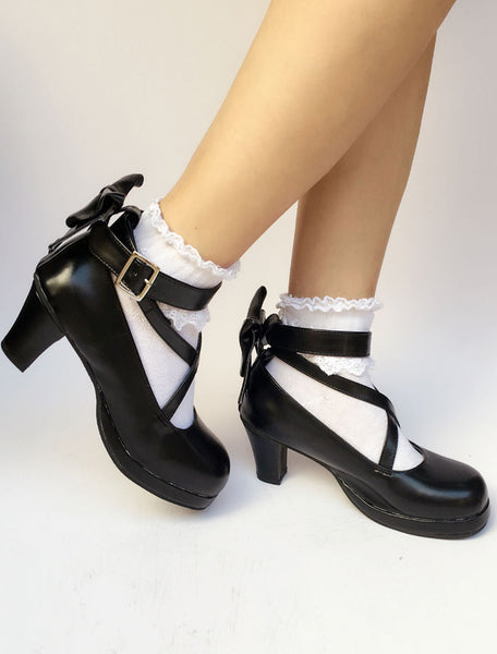 Black Lolita Shoes Round Toe Chunky Heel Cross Front Ankle Strap Bow Lolita Pumps