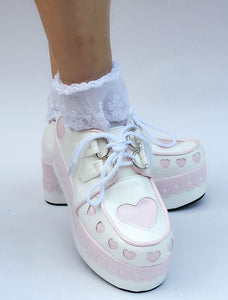 Sweet Lolita Shoes Platform Wedge Lace Up Heart Round Toe Lolita Footwear