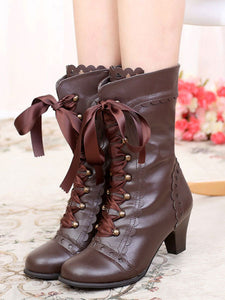 Classic Lolita Boots Round Toe Prism Heel Lace Up Champagne Lolita Winter Boots