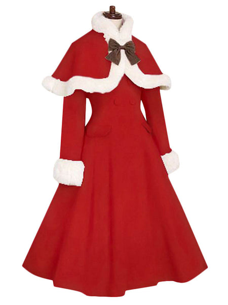 Red Lolita Coat Fur Trim Bow Sweet Lolita Wool Overcoat With Cape