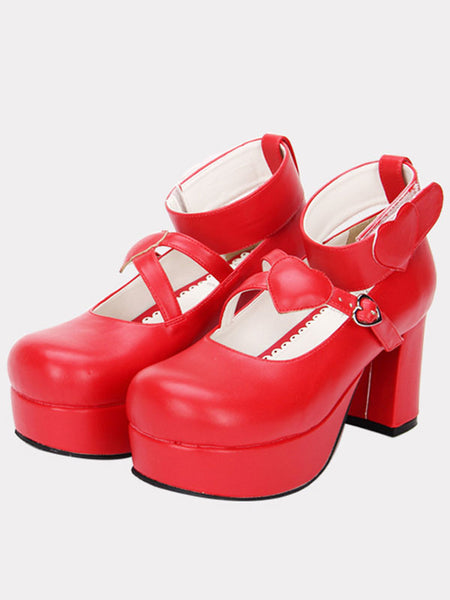 Red Lolita Chunky Pony Heels Shoes Platform Ankle Strap Heart Shape Decor Buckle Round Toe