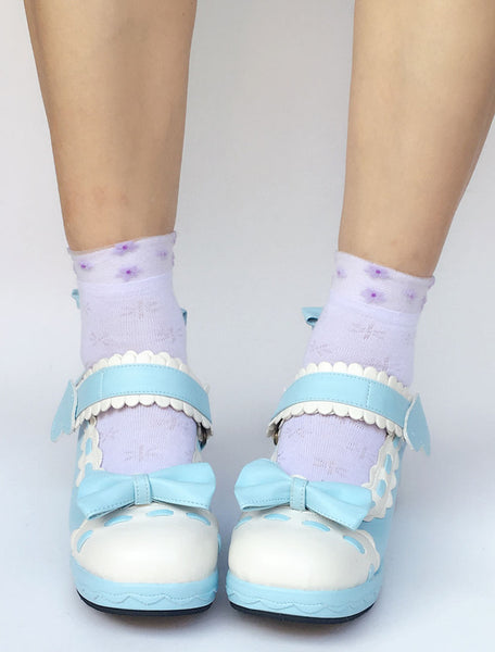 Sweet Lolita Shoes Light Sky Blue Bow Wedge Ankle Strap Round Toe Lolita Pumps