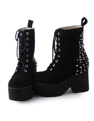 Black Velvet Lolita Boots Square Hees Rivet Design