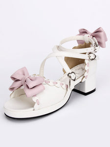 Sweet White Lolita Sandals Square Heels Ankle Straps Pink Bows