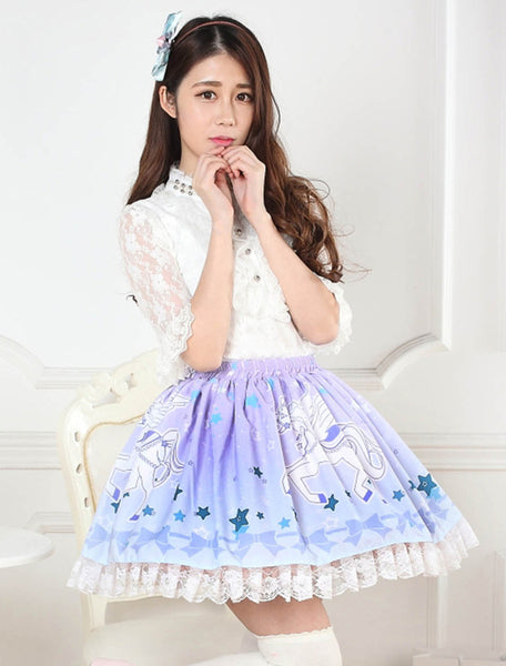 Blue Unicorn Print Lace Lolita Skirt