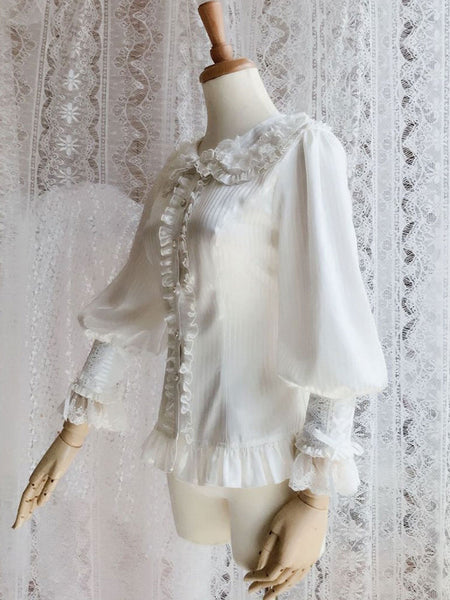 Rococo Lolita Blouses Lace Chiffon Ruffles Peter Pan Collar White Lolita Top
