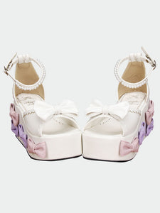 White Lolita Sandals High Platform Bows Pearls Decor Ankle Strap