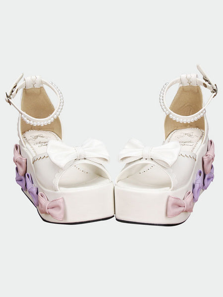 White Lolita Sandals High Platform Bows Pearls Decor Ankle Strap