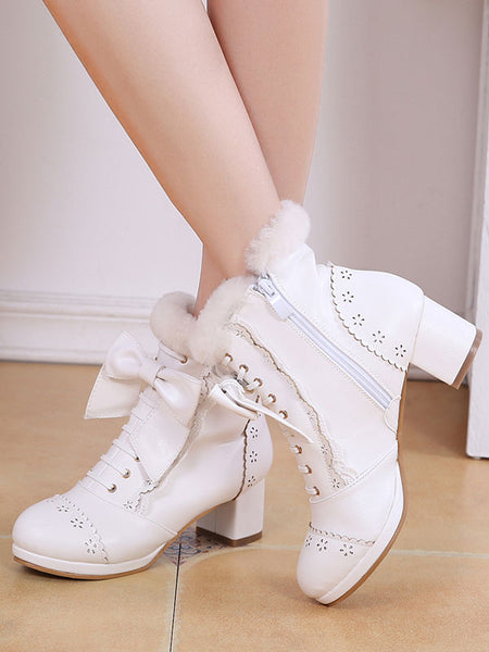 Sweet Lolita Boots Bow Frill Furry Chunky Heel White Lolita Footwear