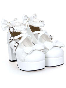 White Chunky Square Heels Lolita Shoes Platform Ankle Strap Heart Shape Buckles Bows