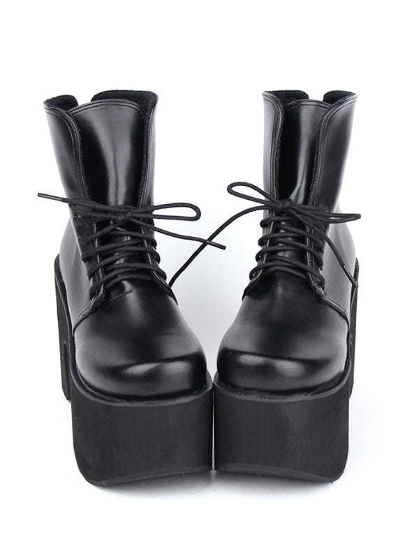 Black Lolita Boots Chunky Heel Platform Lace Up Short Boots