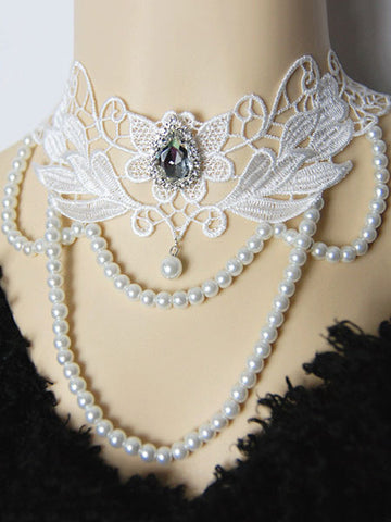 Classic Lolita Necklace Lace Jewel Pearl Beading White Lolita Statement Necklace