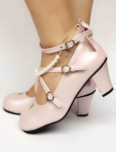Sweet Lolita Shoes Pearl Pink Bow Cross Front Ankle Strap Heeled Lolita Pumps