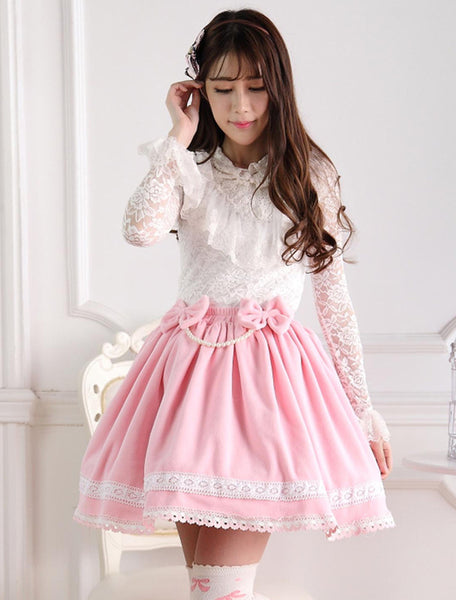 Sweet Pink Short Lolita Skirt with Whtie Trim Bows Pears