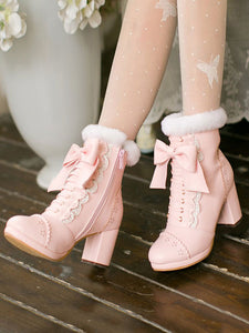 Sweet Lolita Boots Bow Frill Furry Chunky Heel White Lolita Footwear
