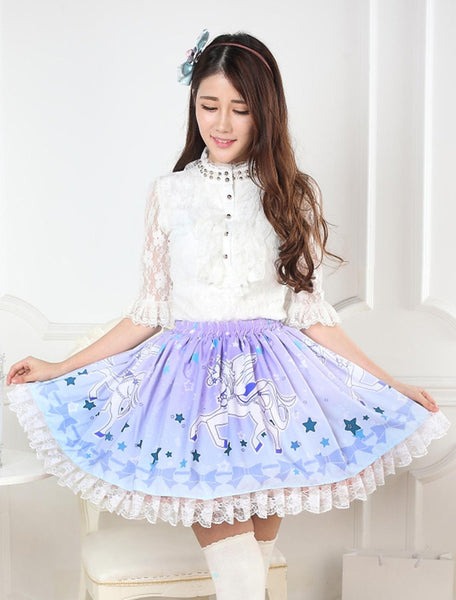 Blue Unicorn Print Lace Lolita Skirt 