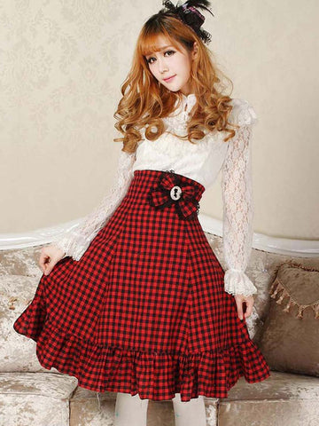 Classic Lolita SK Bow Ruffle Plaid Red Lolita Skirt