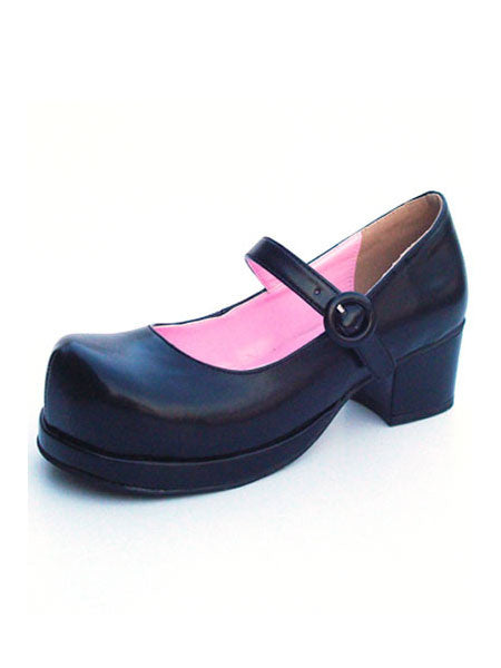 Matte Black Lolita Square Heels Shoes Ankle Strap Buckle Round Toe