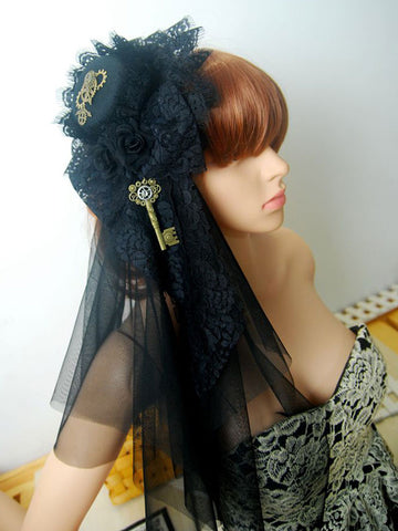 Steampunk Lolita Veil Tulle Lace Hat Metal Detail Ruffle Black Lolita Headdress