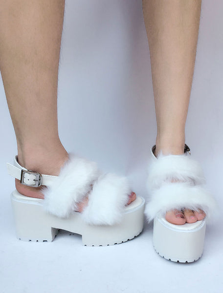 Sweet Lolita Shoes White Faux Fur Platform Open Toe Heeled Lolita Sandals
