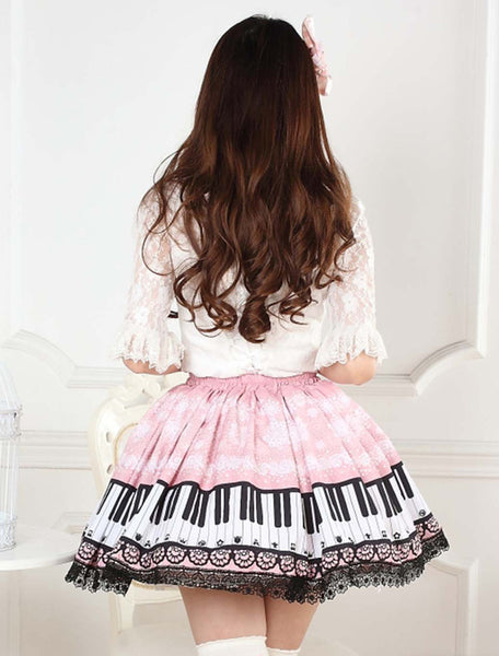 Sweet Pink Piano Print Lolita Skirt Lace Trim