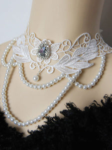 Classic Lolita Necklace Lace Jewel Pearl Beading White Lolita Statement Necklace