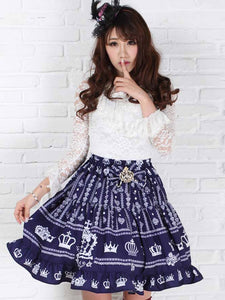 Nave Blue Polyester Lolita Skirt White Crown Printed Ruffles