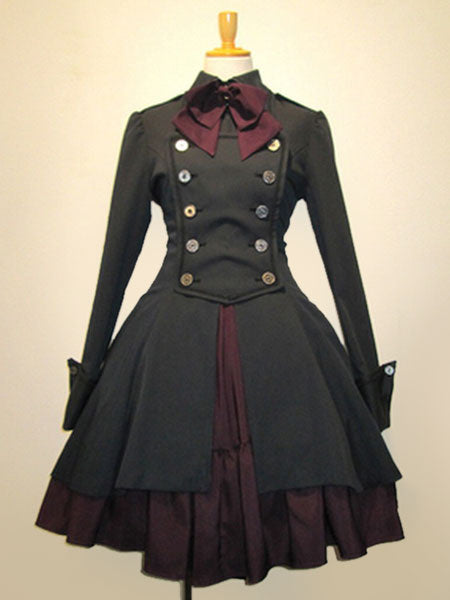 Gothic Lolita Dress OP Military Style Black Cotton Double Breasted Button Long Sleeve Bow Ruffled Lolita One Piece Dress