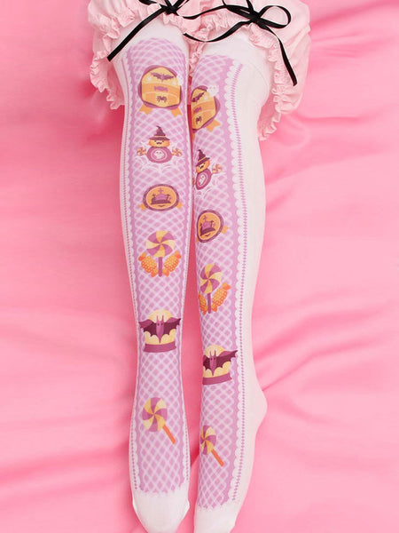 Sweet Lolita Stocking Pink Velvet Printed Thigh Stocking